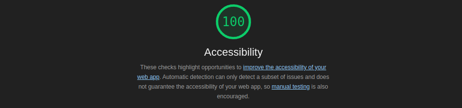 Screenshot of the Lighthouse accessibility audit showing a perfect score of 100.